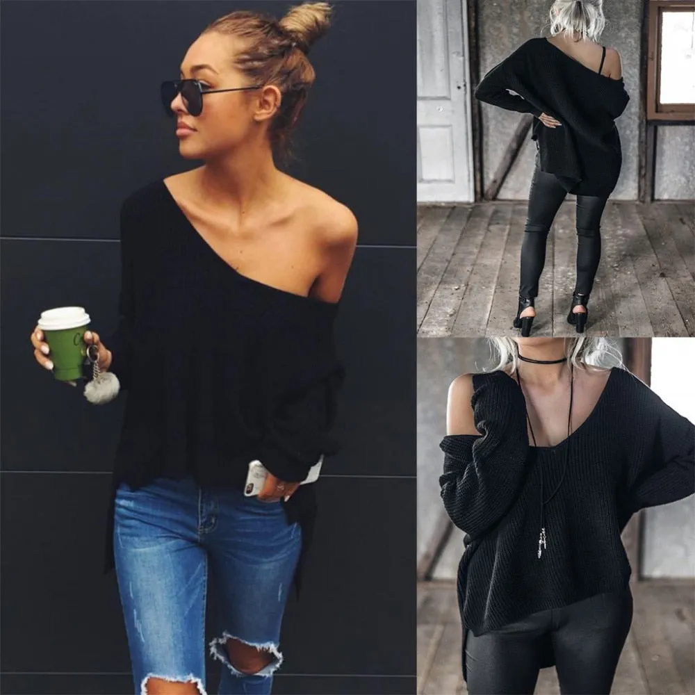 Sexy v neck long sleeve pullover Sexy off shoulder split knitted sweater