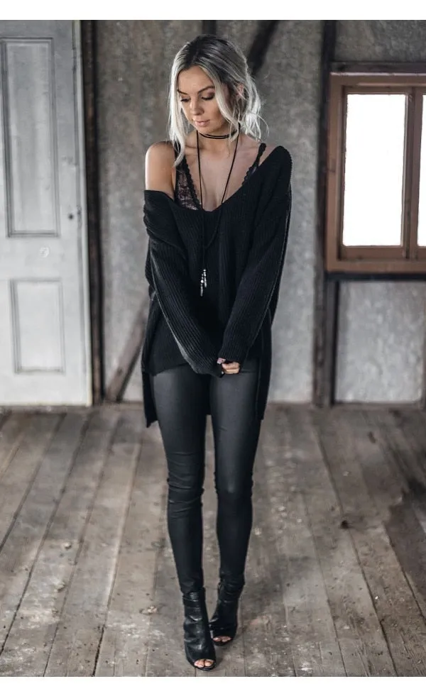 Sexy v neck long sleeve pullover Sexy off shoulder split knitted sweater