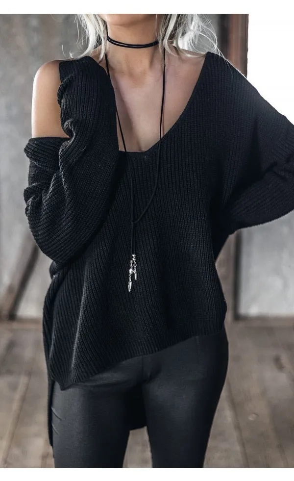 Sexy v neck long sleeve pullover Sexy off shoulder split knitted sweater
