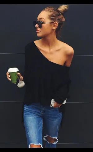 Sexy v neck long sleeve pullover Sexy off shoulder split knitted sweater