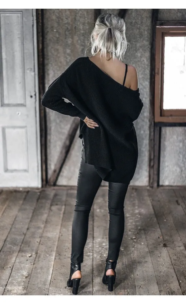 Sexy v neck long sleeve pullover Sexy off shoulder split knitted sweater