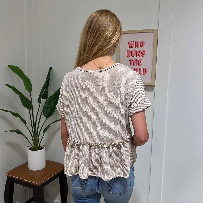 Short Sleeve Ribbed V-Neck Babydoll Top in Oatmeal