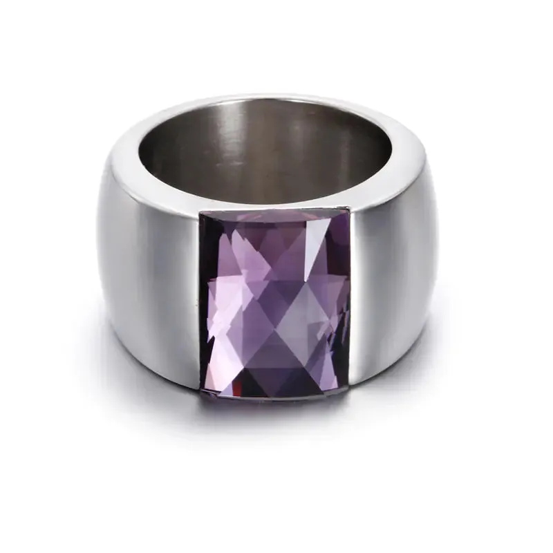 Simple Women's Titanium Steel Ring with Glass Design