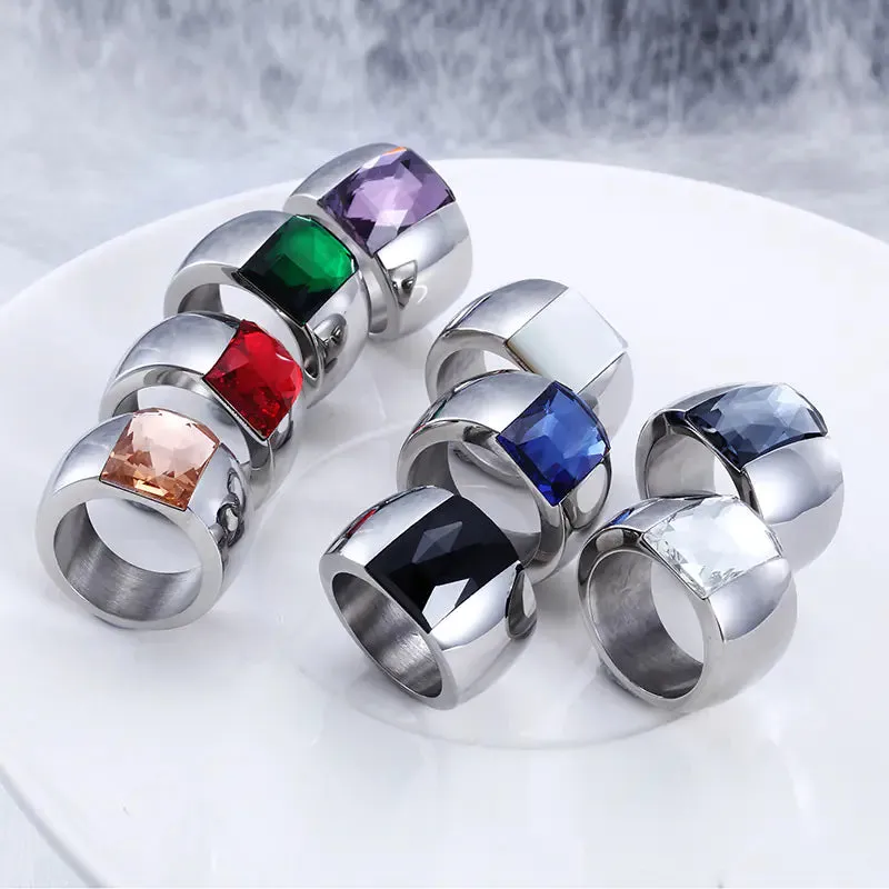 Simple Women's Titanium Steel Ring with Glass Design
