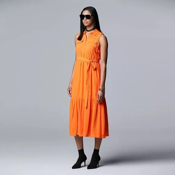 Simply Vera Wang Womens Orange Sleeveless Button Front Midi Shirt Dress Sz M NWT