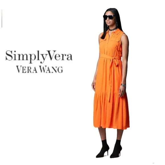 Simply Vera Wang Womens Orange Sleeveless Button Front Midi Shirt Dress Sz M NWT