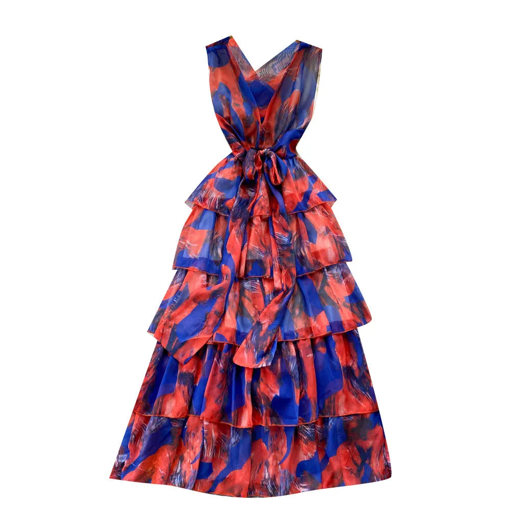 Sleeveless V-neck Print A-Line Dress