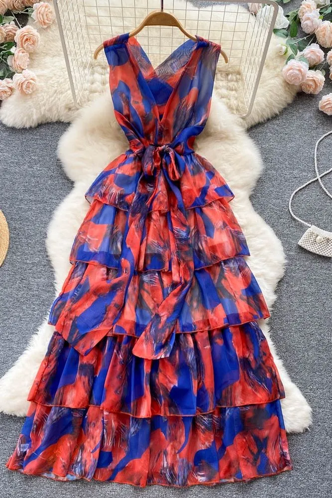 Sleeveless V-neck Print A-Line Dress