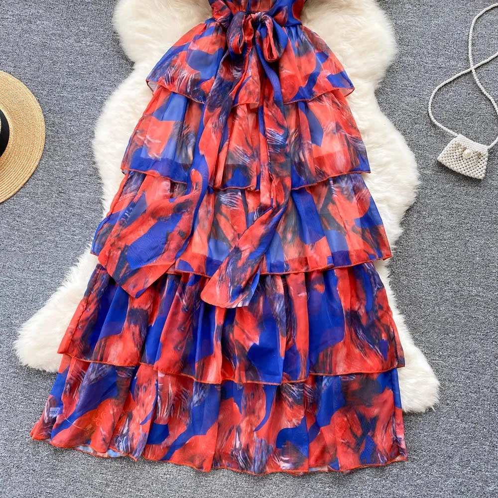 Sleeveless V-neck Print A-Line Dress