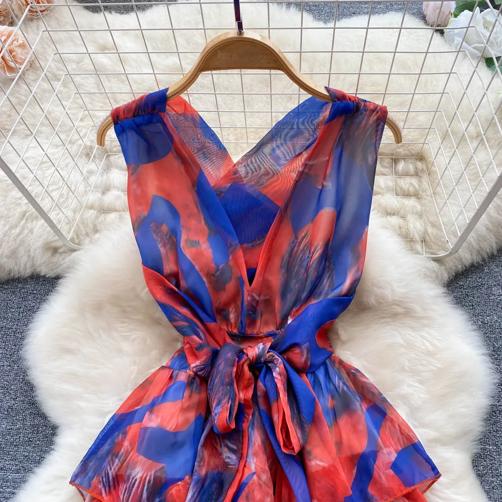 Sleeveless V-neck Print A-Line Dress