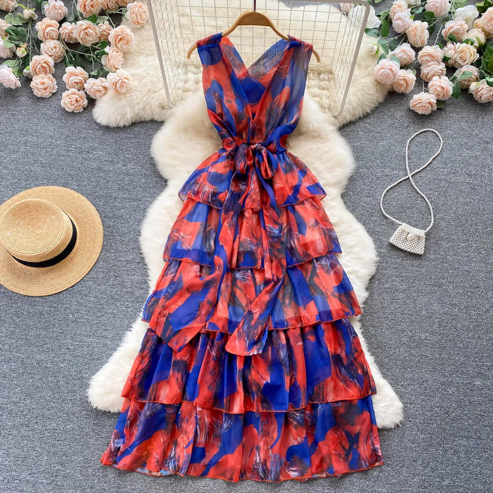 Sleeveless V-neck Print A-Line Dress