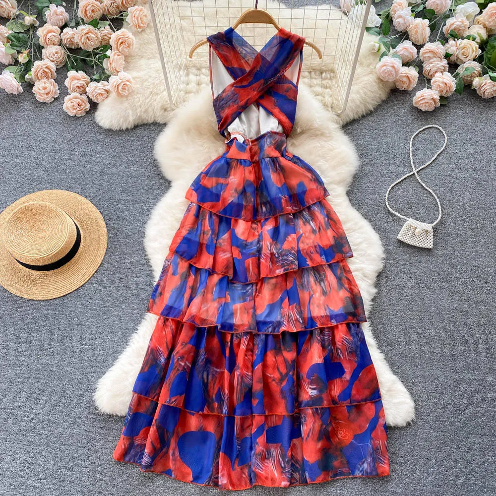 Sleeveless V-neck Print A-Line Dress