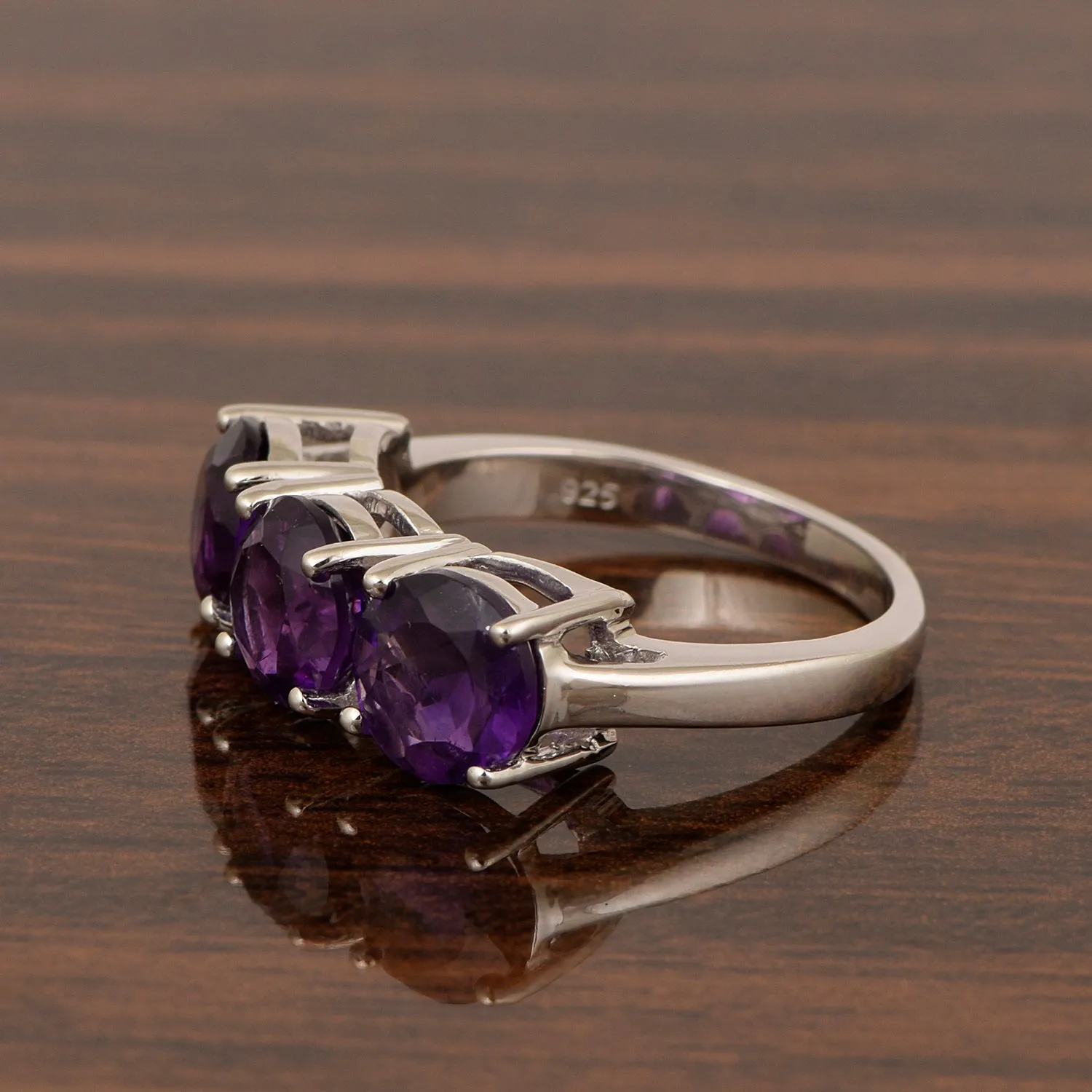 Sterling Silver Natural Amethyst 3.55 Ctw Women's 3-Stone Design Ring