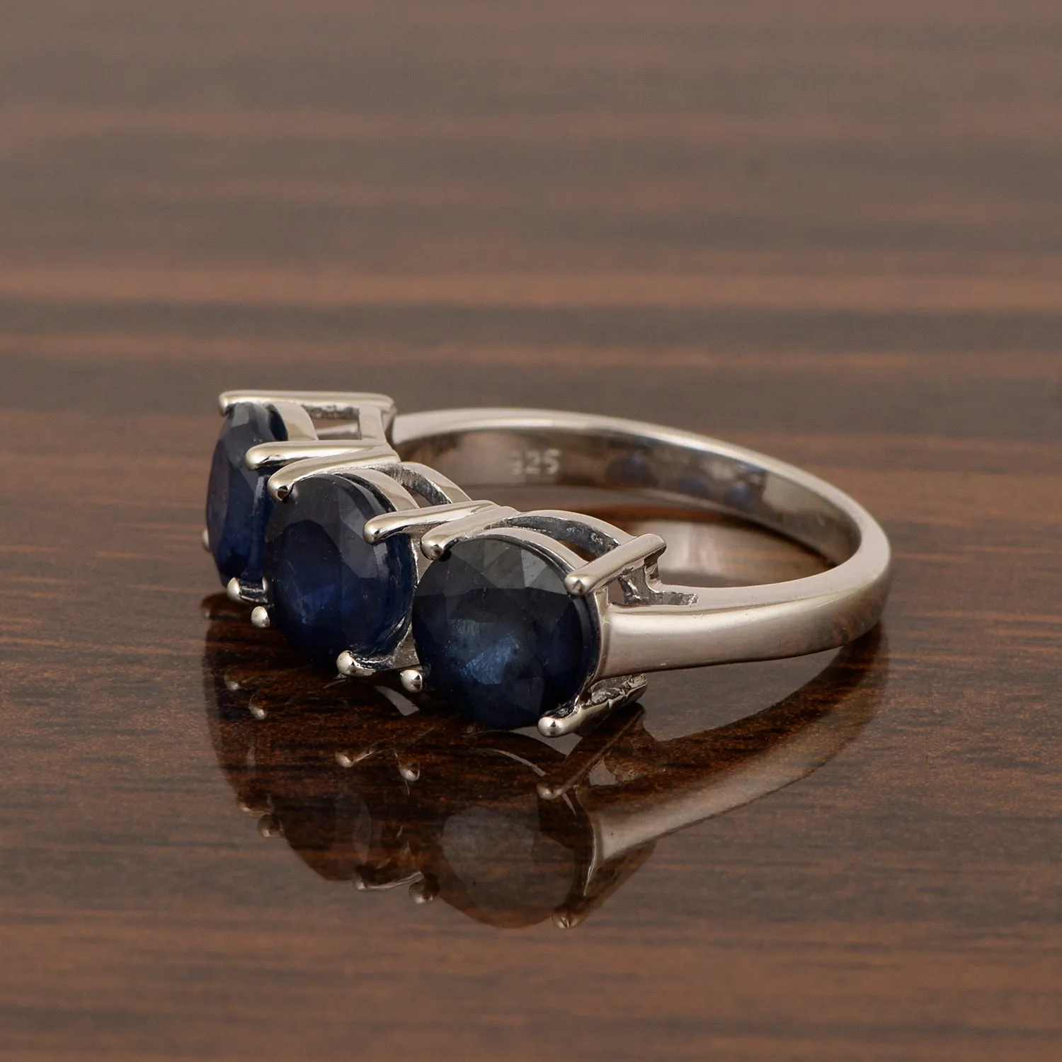Sterling Silver Natural Blue Sapphire 3.55 Ctw Women's 3-Stone Design Ring