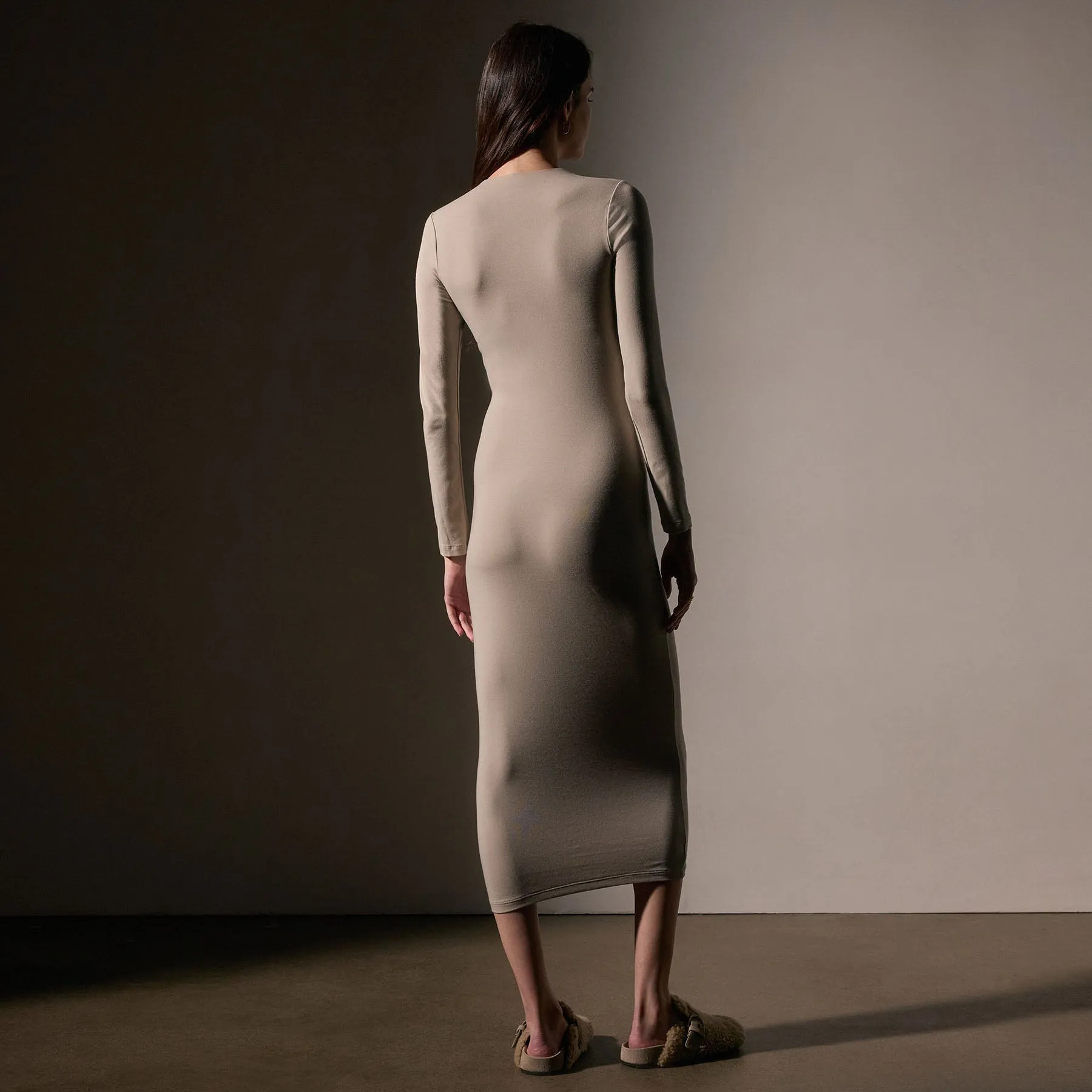 Stretch Lotus Deep V Dress - Tan