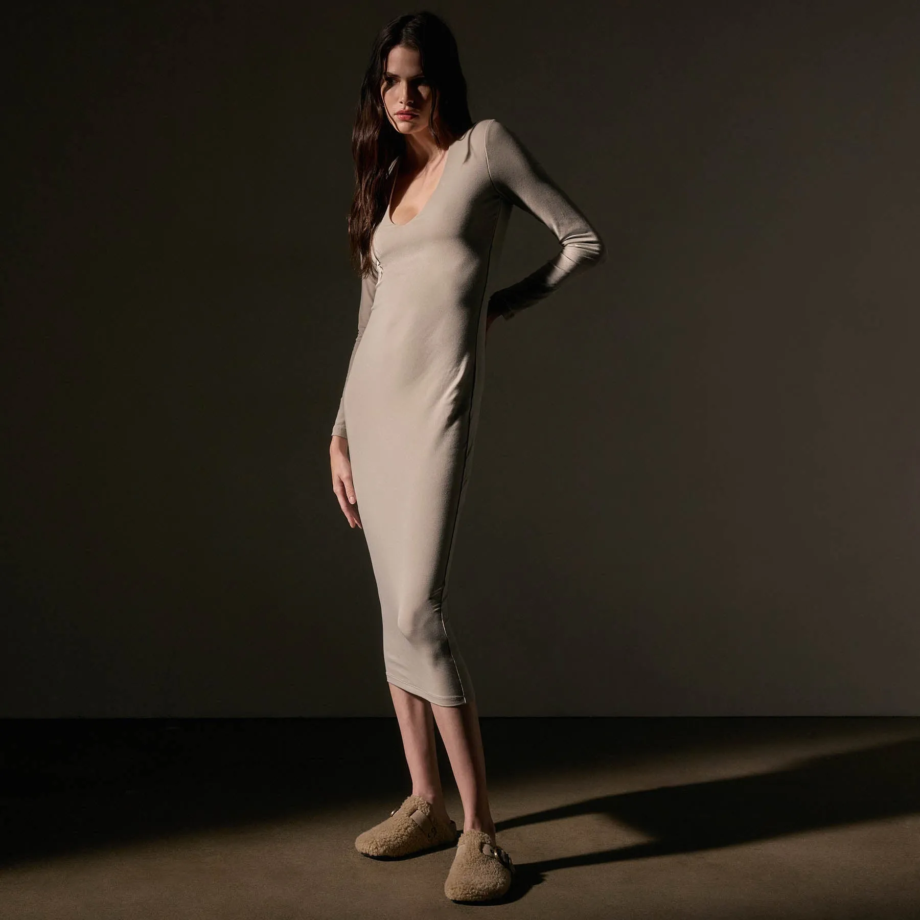 Stretch Lotus Deep V Dress - Tan