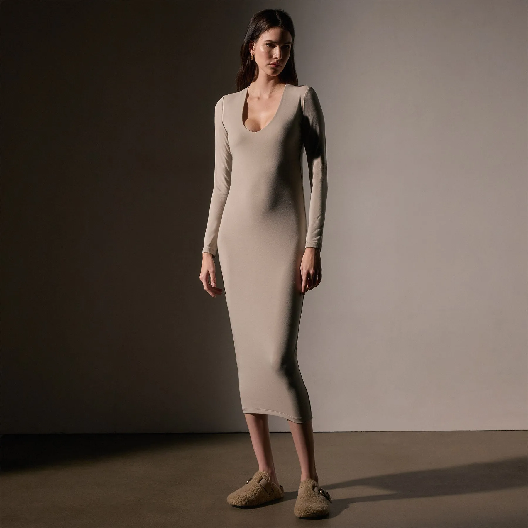 Stretch Lotus Deep V Dress - Tan