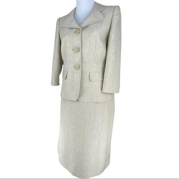 Tahari ASL Women's Off White Herringbone Career Blazer &amp; Skirt Size 6/C36/W30