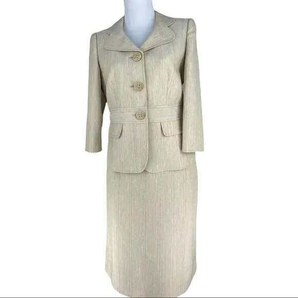 Tahari ASL Women's Off White Herringbone Career Blazer &amp; Skirt Size 6/C36/W30