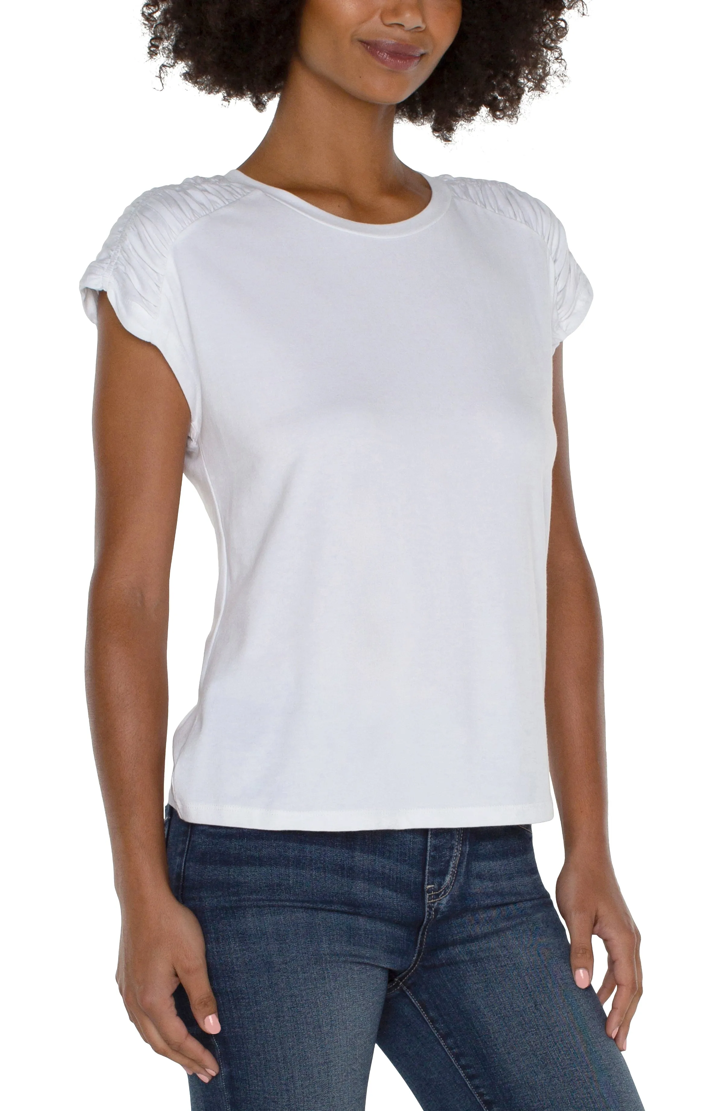 The Heather Smocked Shoulder Scoop Neck Tee