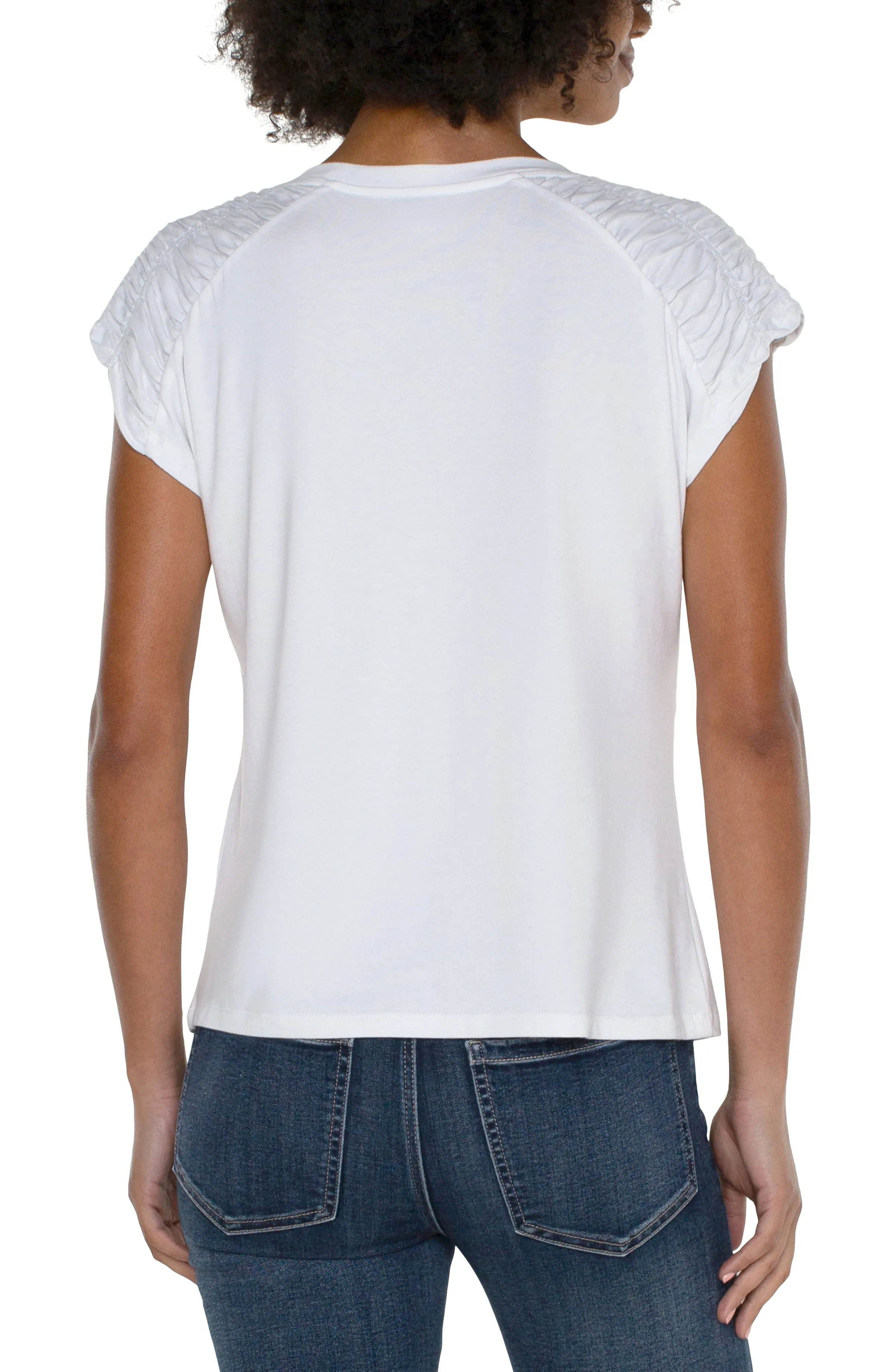 The Heather Smocked Shoulder Scoop Neck Tee