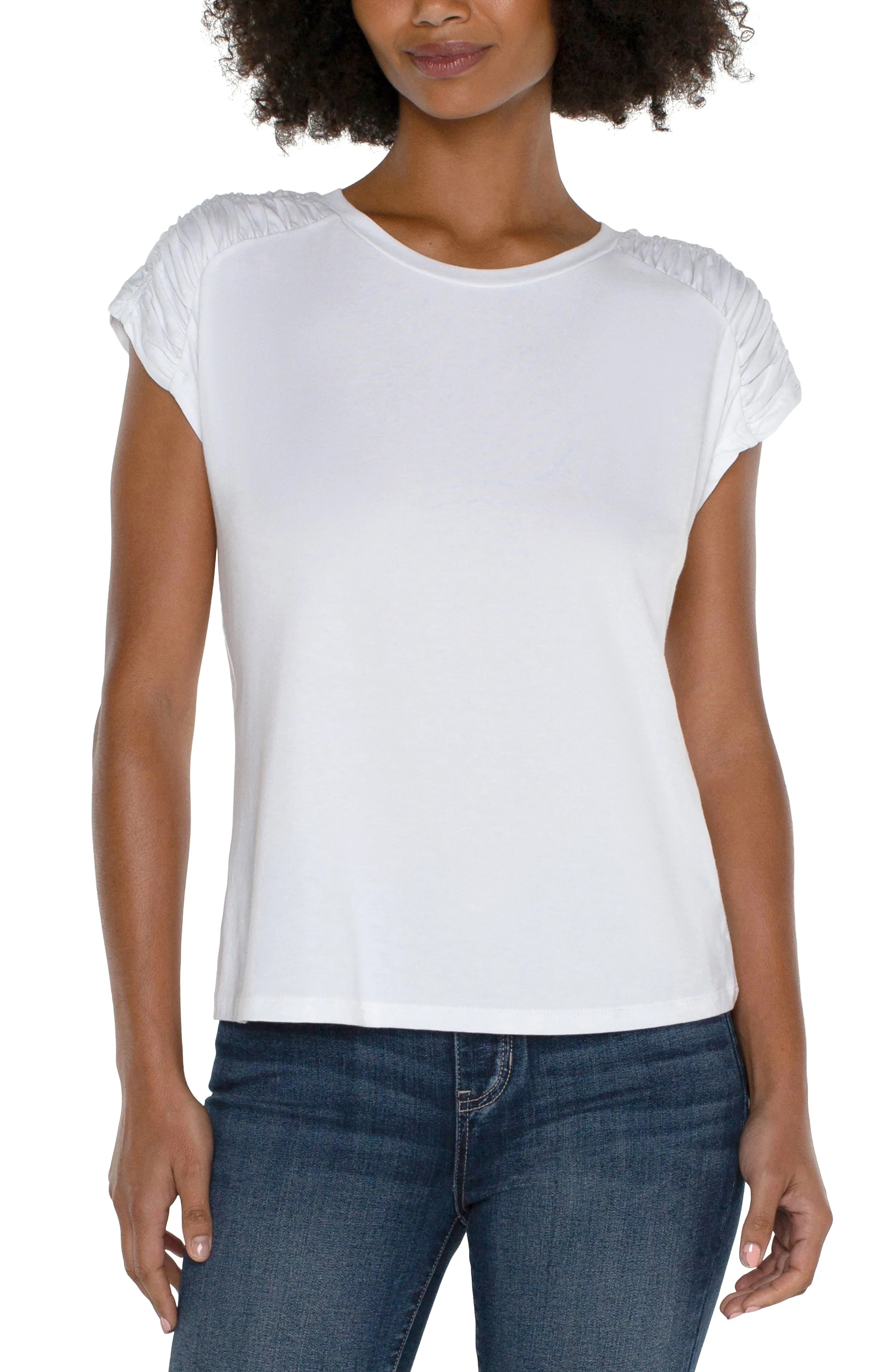 The Heather Smocked Shoulder Scoop Neck Tee