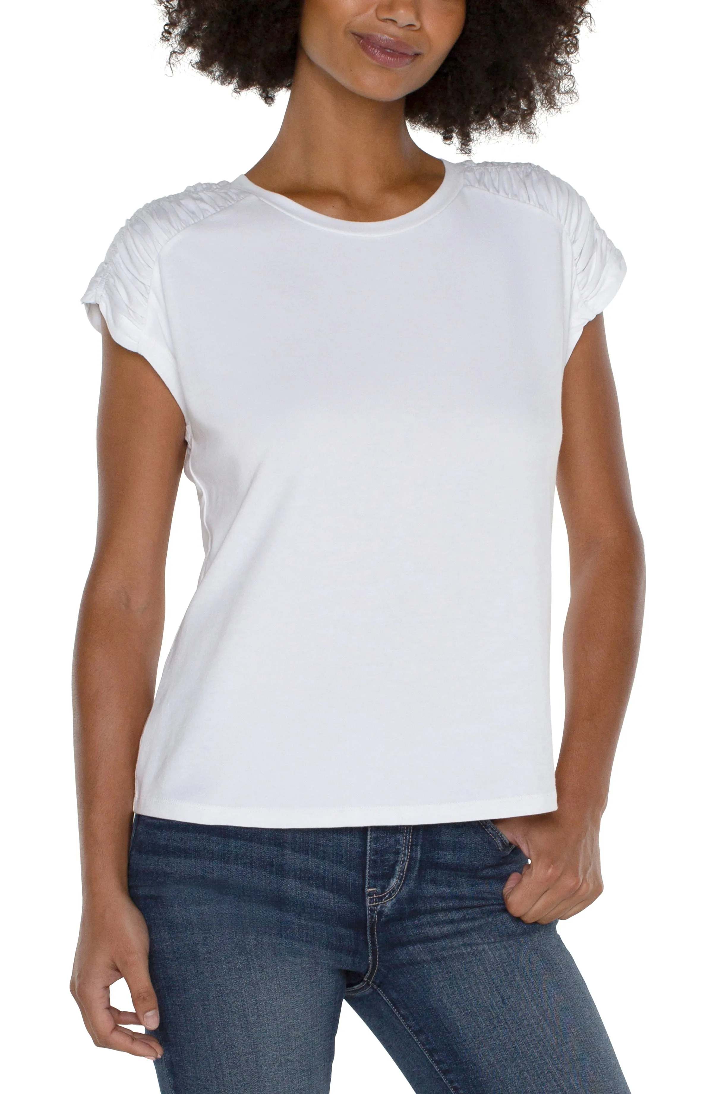 The Heather Smocked Shoulder Scoop Neck Tee