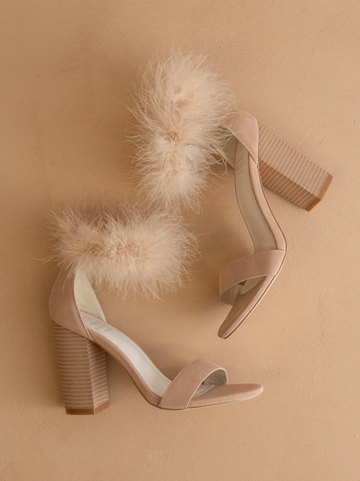 The Sasha | Nude Feathered ankle block heel