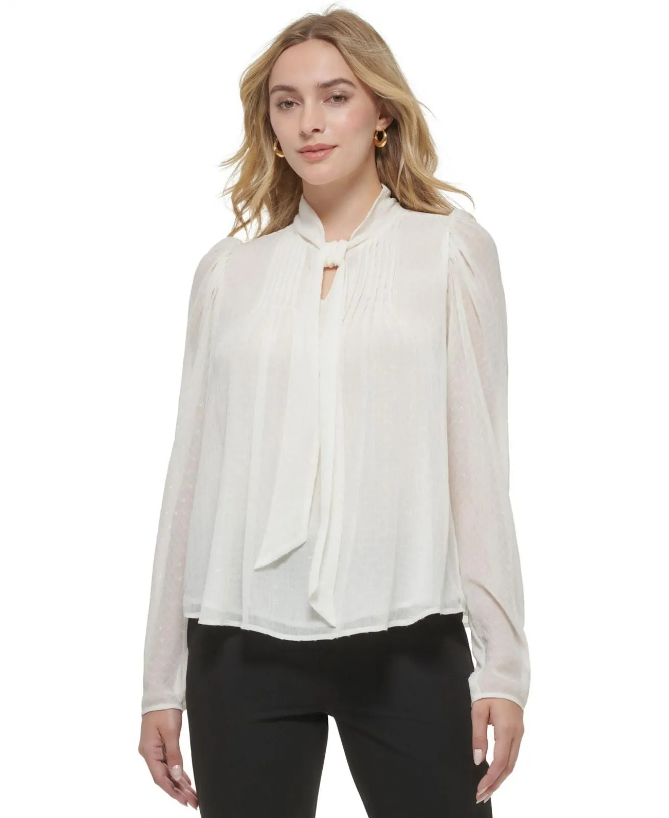 Tommy Hilfiger Women's Clip-Dot Pleated Tie-Neck Top H29T270A Ivory M