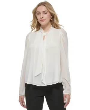 Tommy Hilfiger Women's Clip-Dot Pleated Tie-Neck Top H29T270A Ivory M