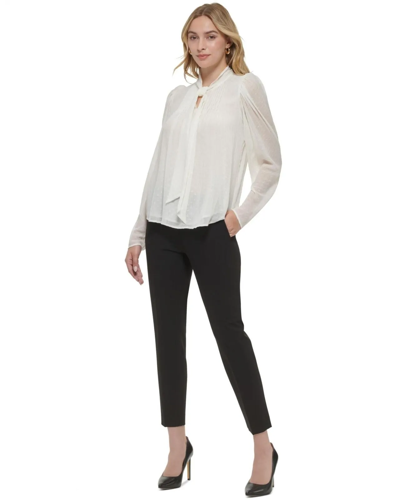 Tommy Hilfiger Women's Clip-Dot Pleated Tie-Neck Top H29T270A Ivory M