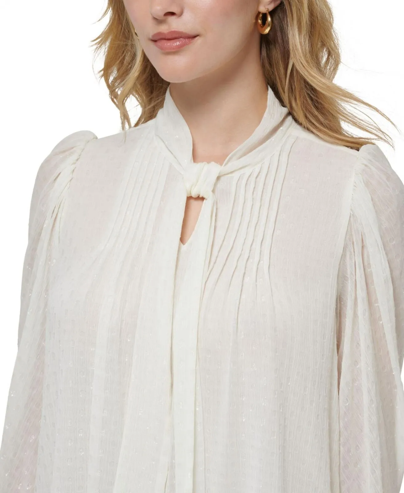 Tommy Hilfiger Women's Clip-Dot Pleated Tie-Neck Top H29T270A Ivory M