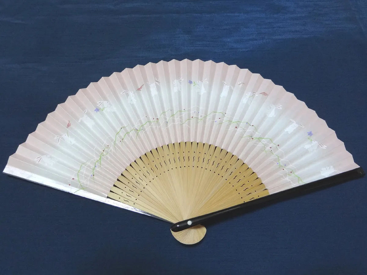Traditional handcrafted Kyoto Ladies' Sensu - #220 Rabbits - Pink