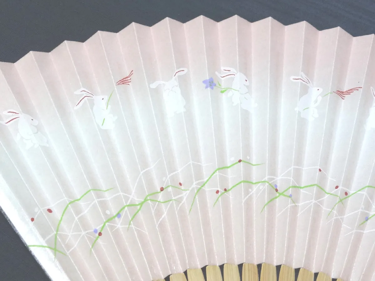 Traditional handcrafted Kyoto Ladies' Sensu - #220 Rabbits - Pink