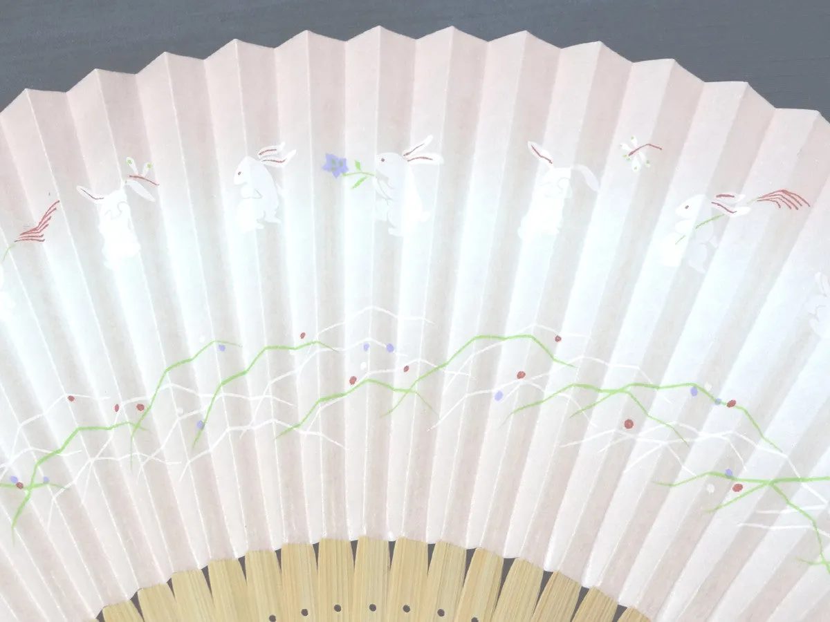 Traditional handcrafted Kyoto Ladies' Sensu - #220 Rabbits - Pink