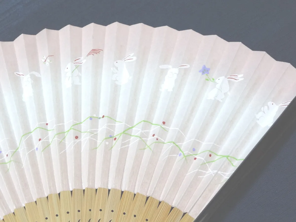 Traditional handcrafted Kyoto Ladies' Sensu - #220 Rabbits - Pink