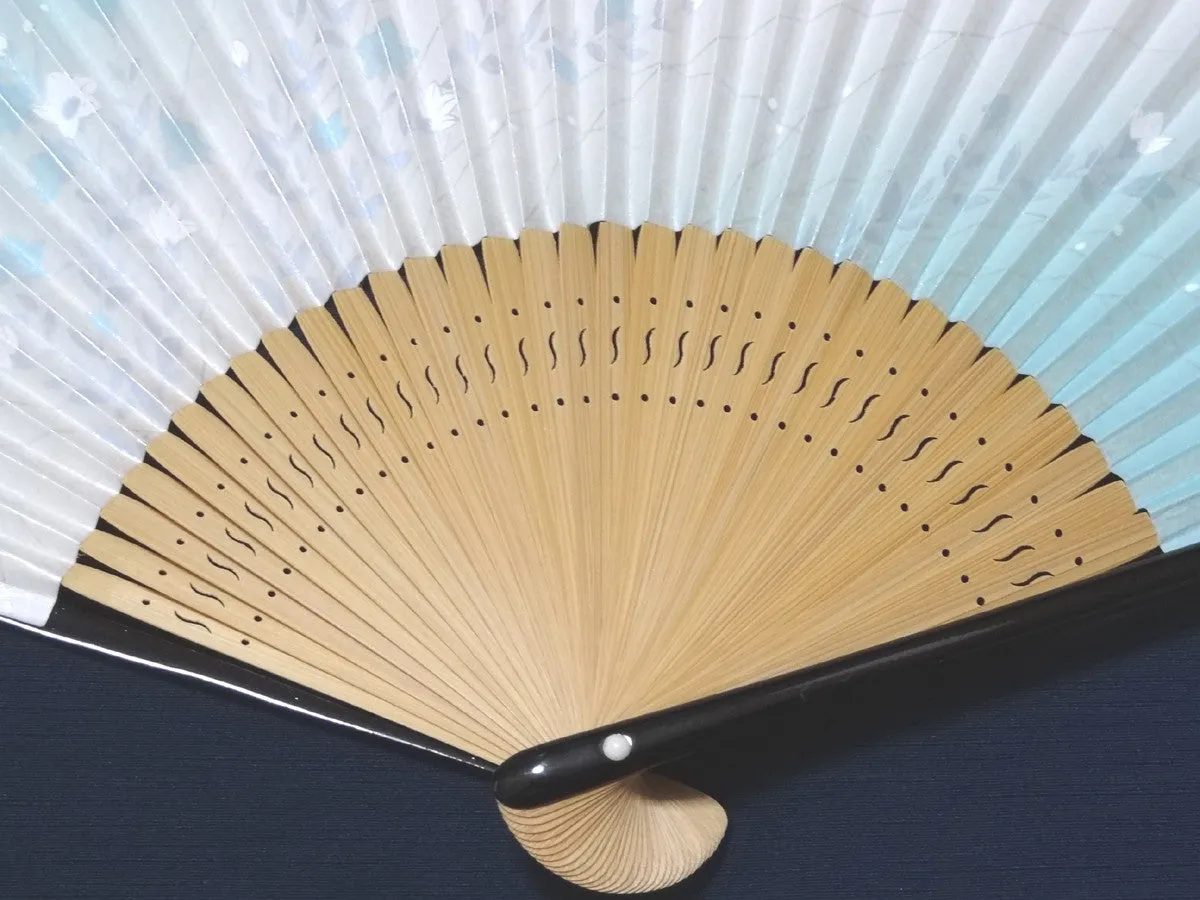 Traditional handcrafted Kyoto Ladies' Sensu - Balloon flower - Light Blue
