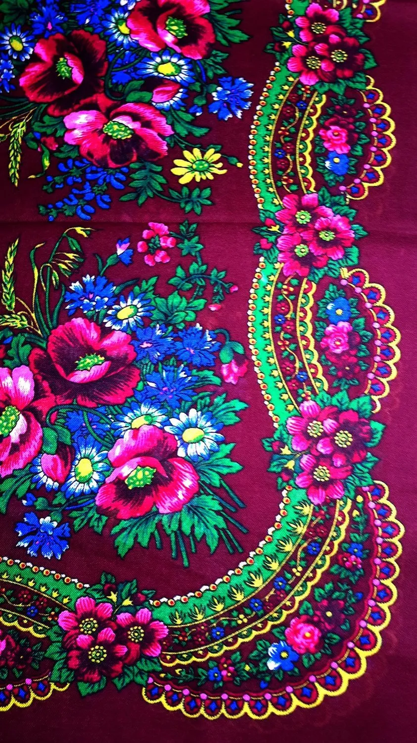 Traditional Polish Ukrainian Folk Cotton Head Scarf - Burgundy