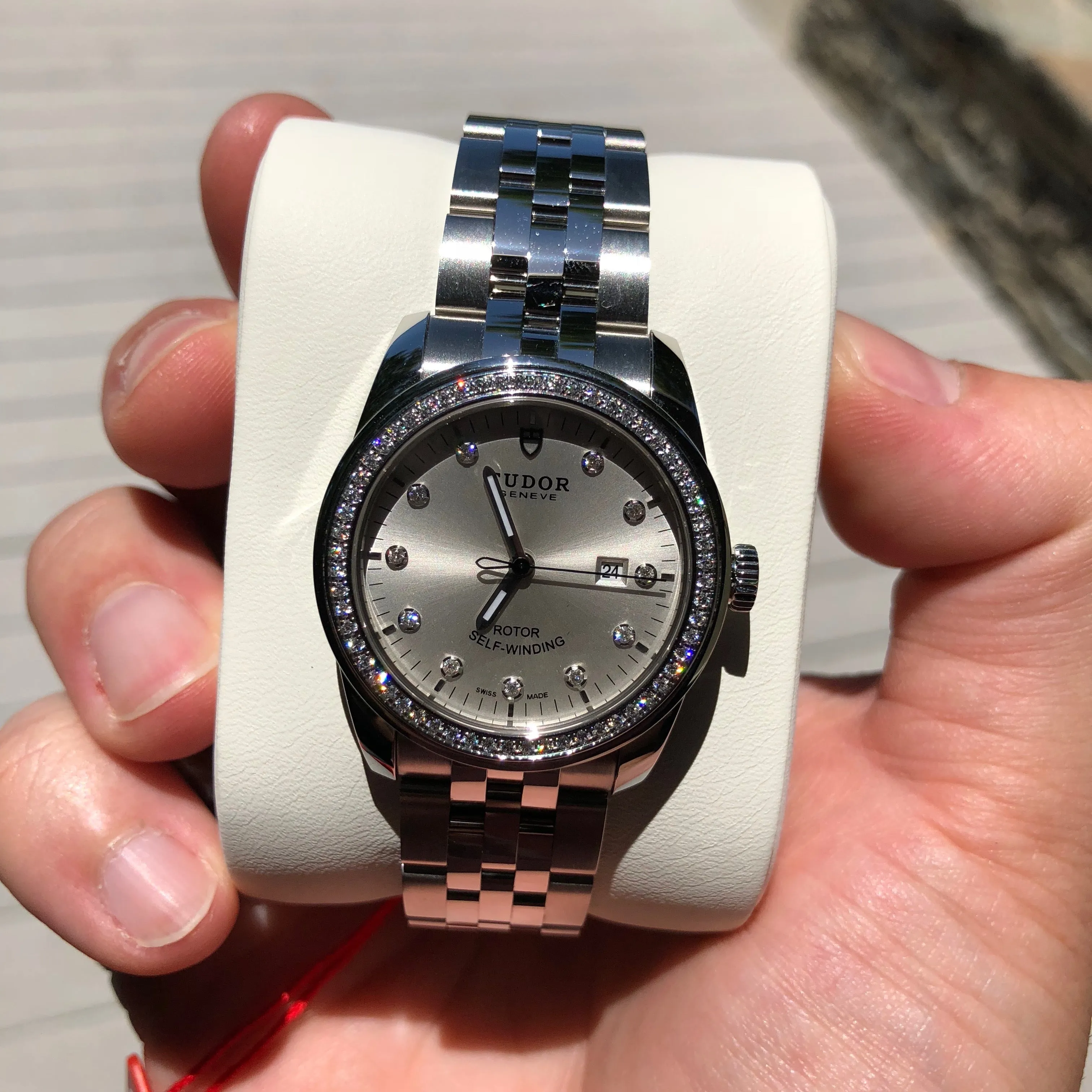 Tudor Glamour Date 31 53020 Silver Diamond Dial Bezel Stainless Steel Automatic Ladies Wristwatch
