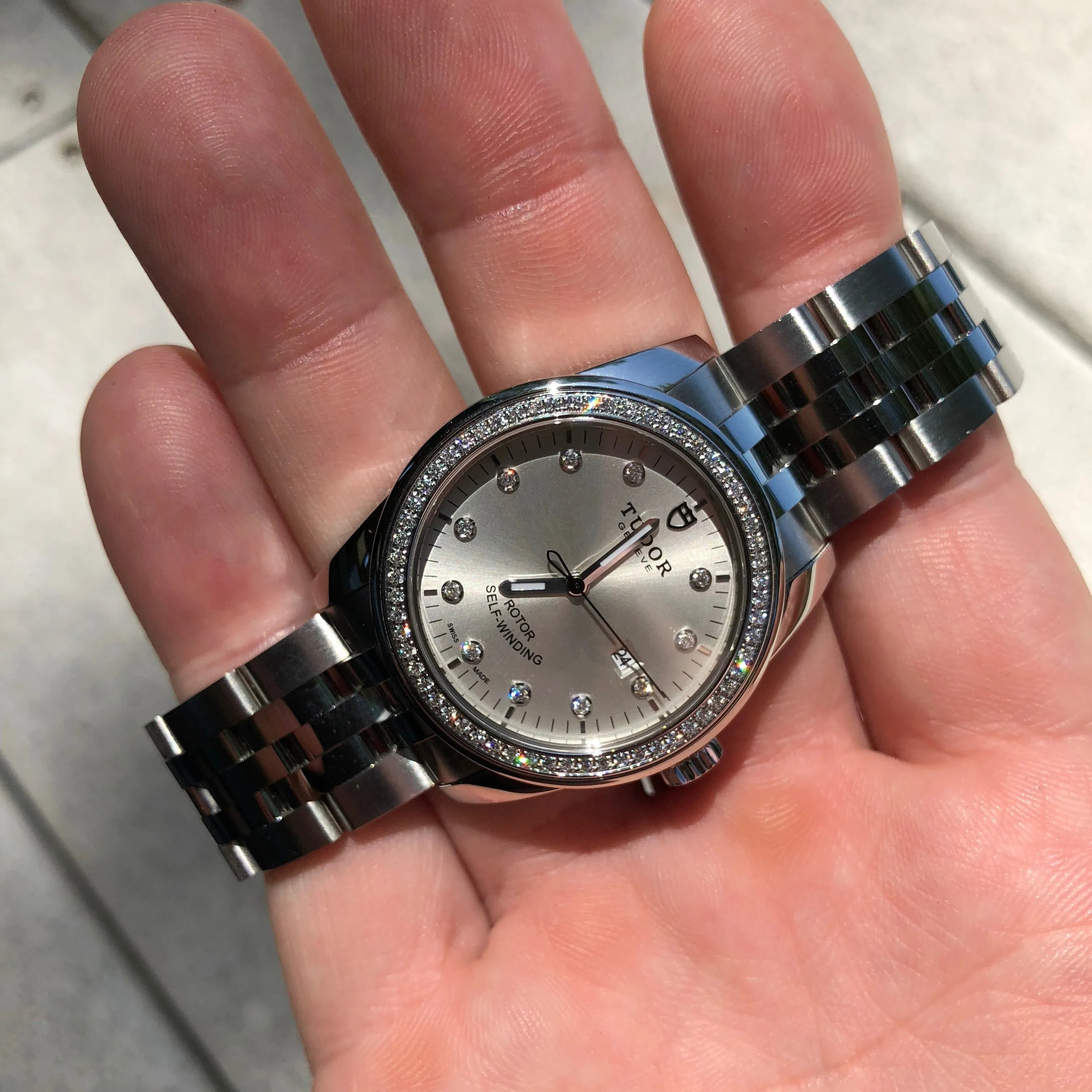 Tudor Glamour Date 31 53020 Silver Diamond Dial Bezel Stainless Steel Automatic Ladies Wristwatch