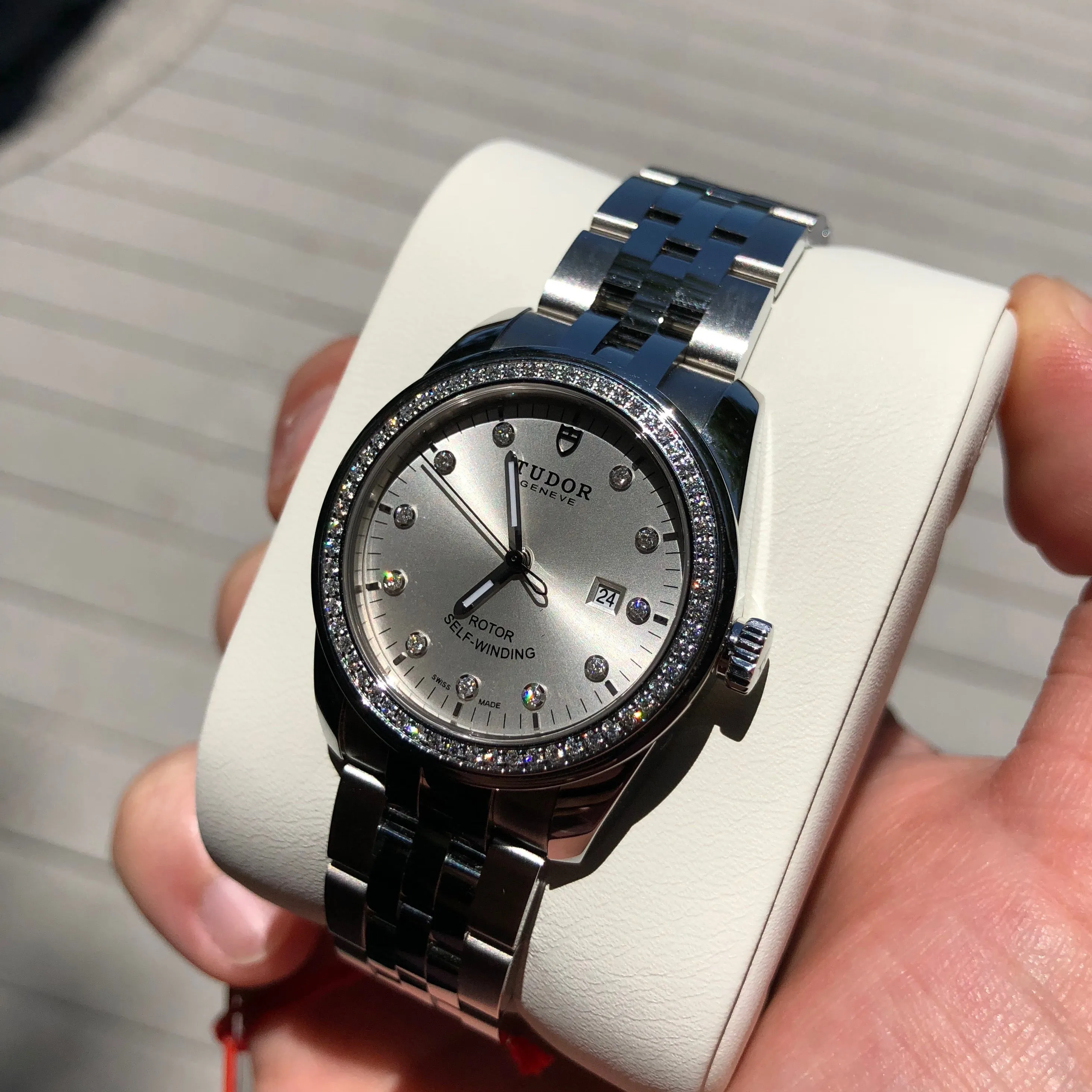 Tudor Glamour Date 31 53020 Silver Diamond Dial Bezel Stainless Steel Automatic Ladies Wristwatch