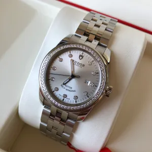 Tudor Glamour Date 31 53020 Silver Diamond Dial Bezel Stainless Steel Automatic Ladies Wristwatch