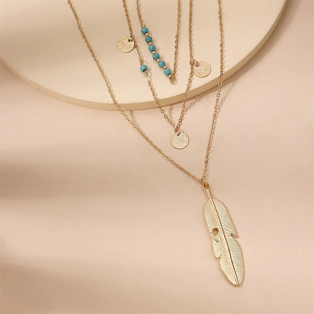Turquoise & 18K Gold-Plated Feather Layered Pendant Necklace