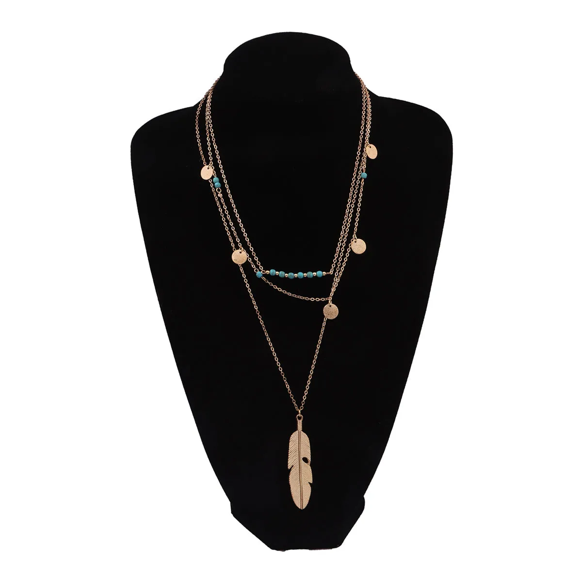 Turquoise & 18K Gold-Plated Feather Layered Pendant Necklace