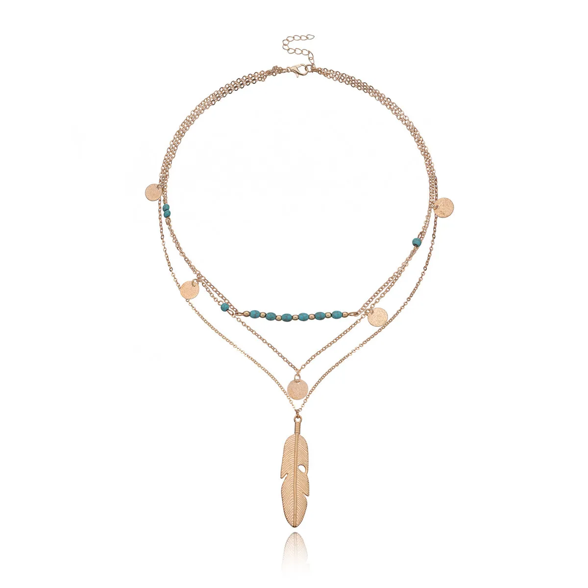 Turquoise & 18K Gold-Plated Feather Layered Pendant Necklace