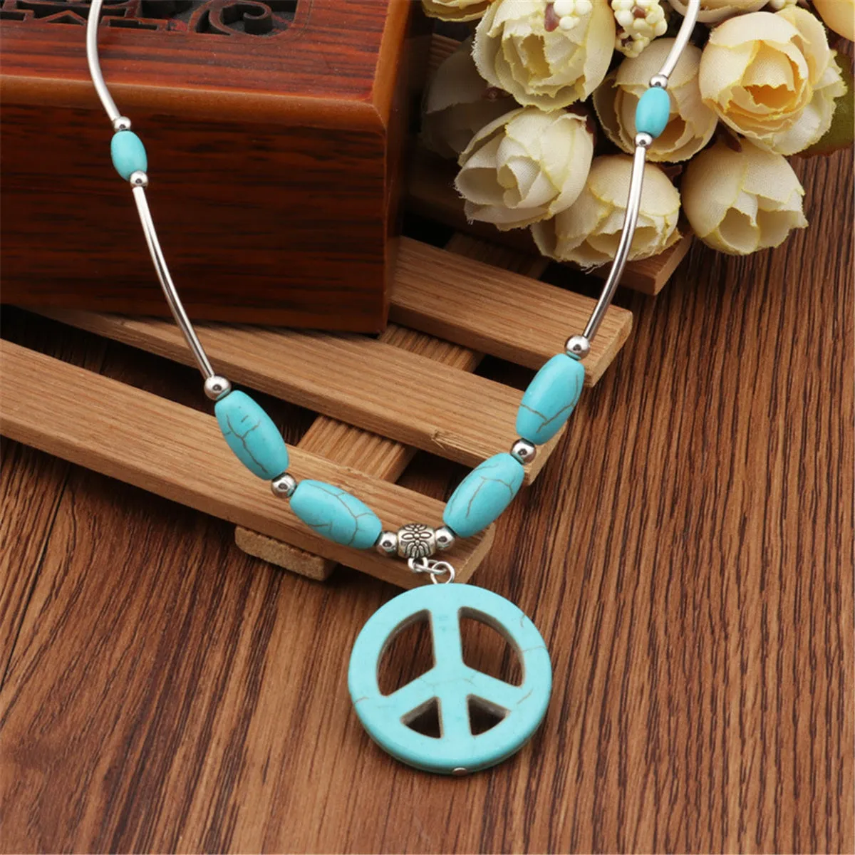 Turquoise & Silver-Plated Peace Pendant Necklace