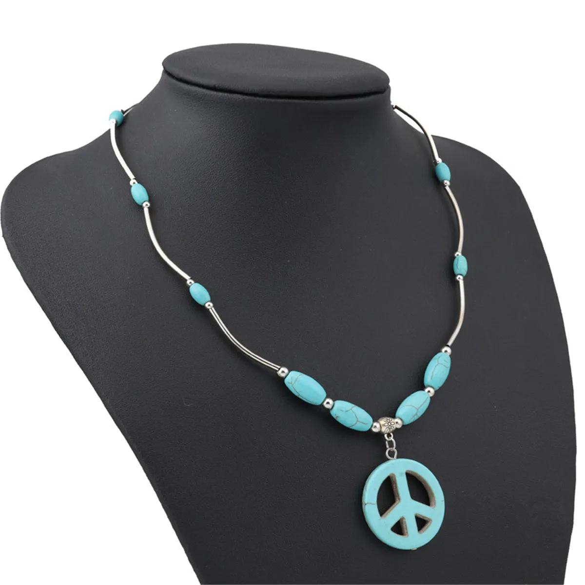 Turquoise & Silver-Plated Peace Pendant Necklace