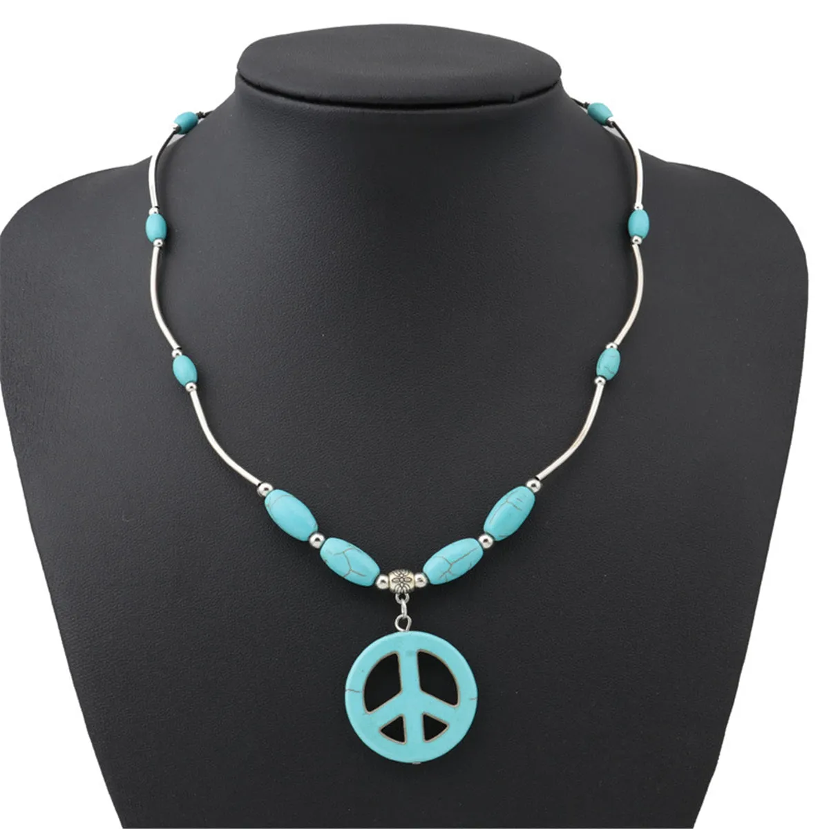 Turquoise & Silver-Plated Peace Pendant Necklace