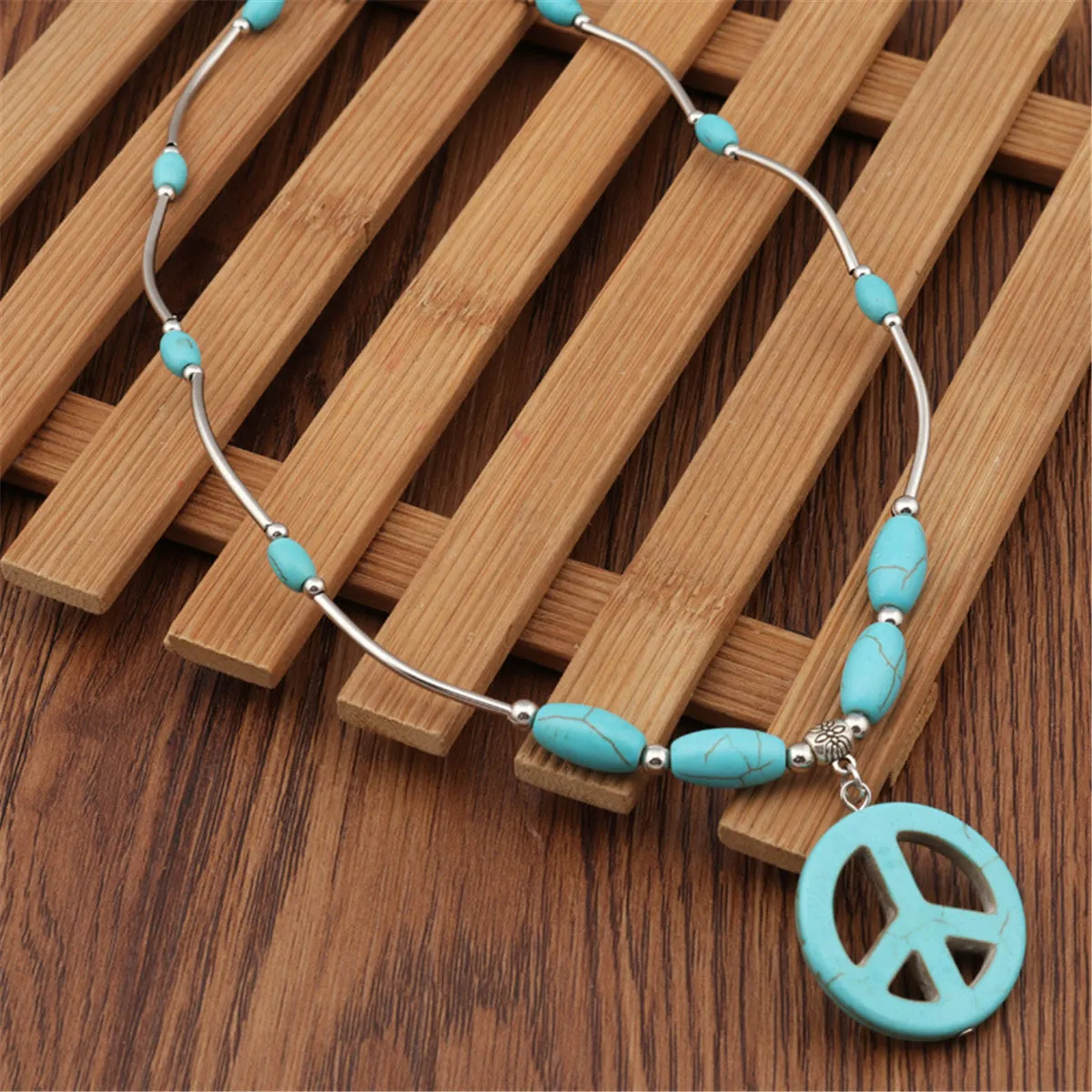 Turquoise & Silver-Plated Peace Pendant Necklace