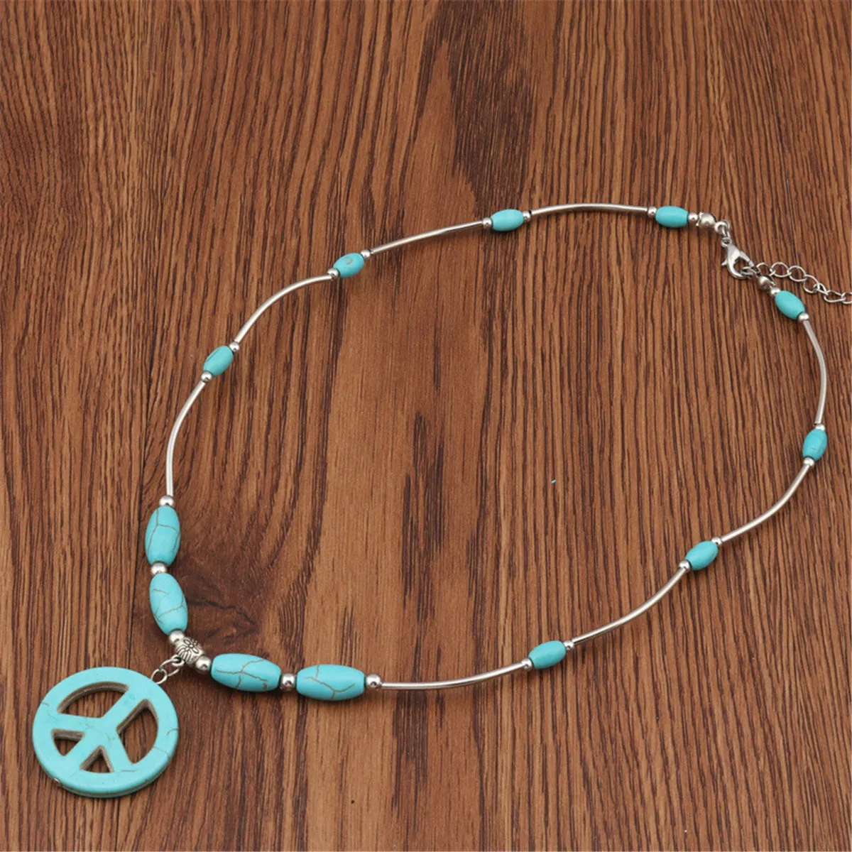 Turquoise & Silver-Plated Peace Pendant Necklace